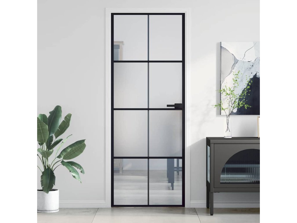 vidaXL Interiérové dveře úzké černé 76x201,5 cm tvrzené sklo a hliník