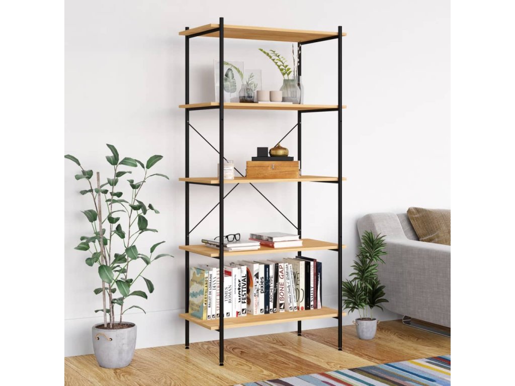 vidaXL Policový regál s 5 policemi černý a dub 80 x 40 x 163 cm