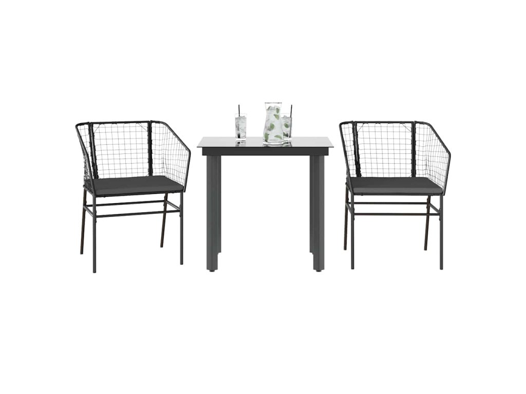 vidaXL 3dílný zahradní jídelní set s poduškami černý polyratan sklo