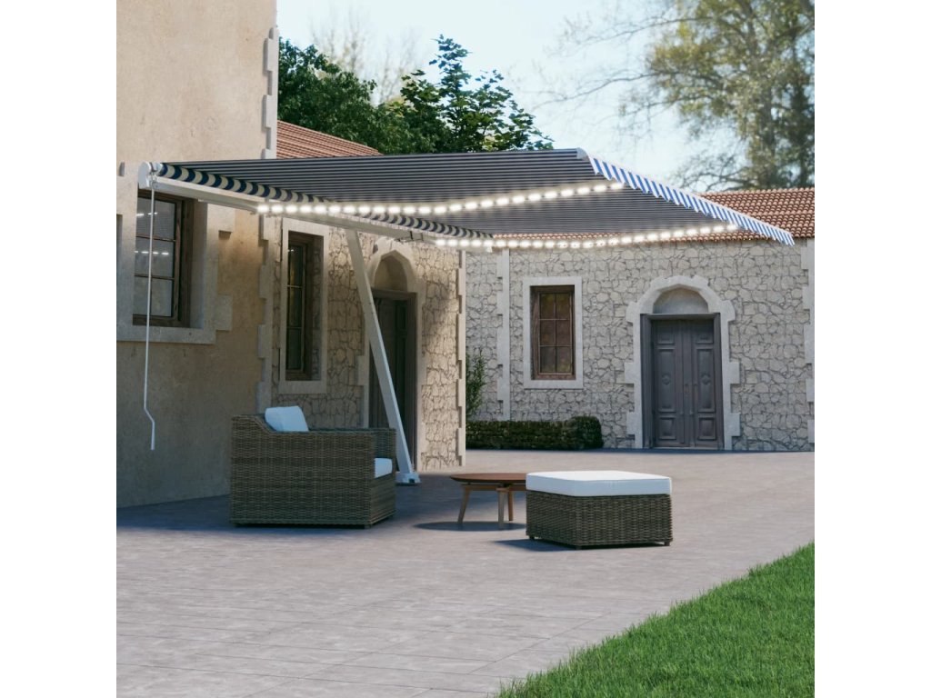vidaXL Automatická markýza LED a senzor větru 600 x 300 cm modrobílá