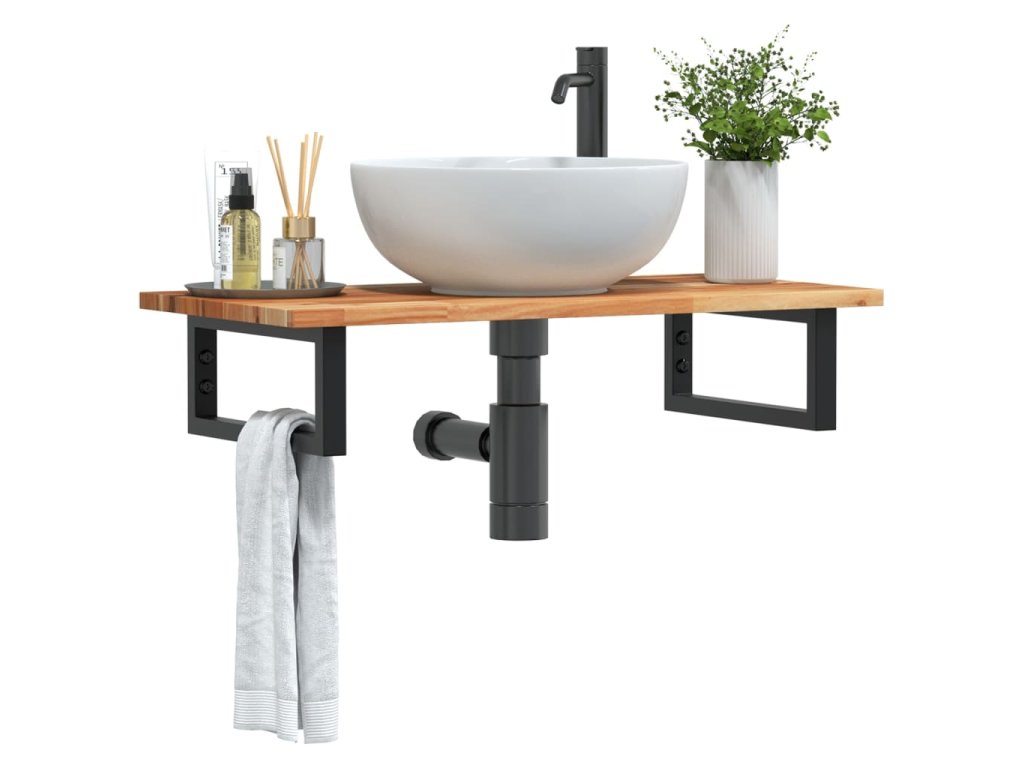 vidaXL Deska pod umyvadlo nástěnná ocel a masivní akáciové dřevo