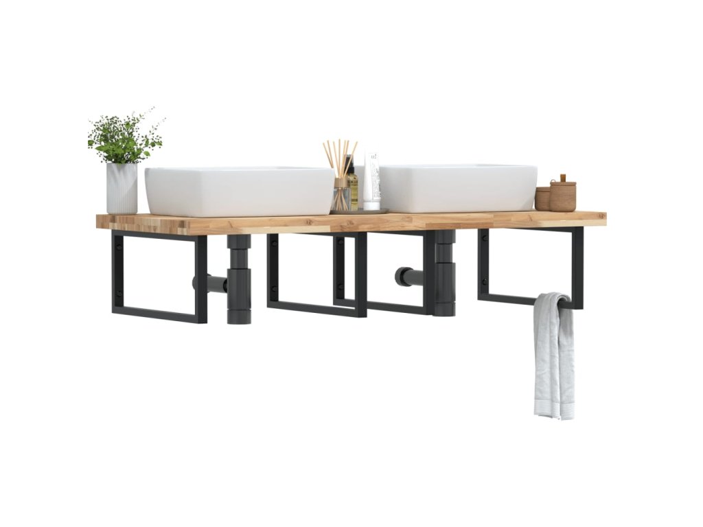 vidaXL Deska pod umyvadlo nástěnná ocel a masivní akáciové dřevo