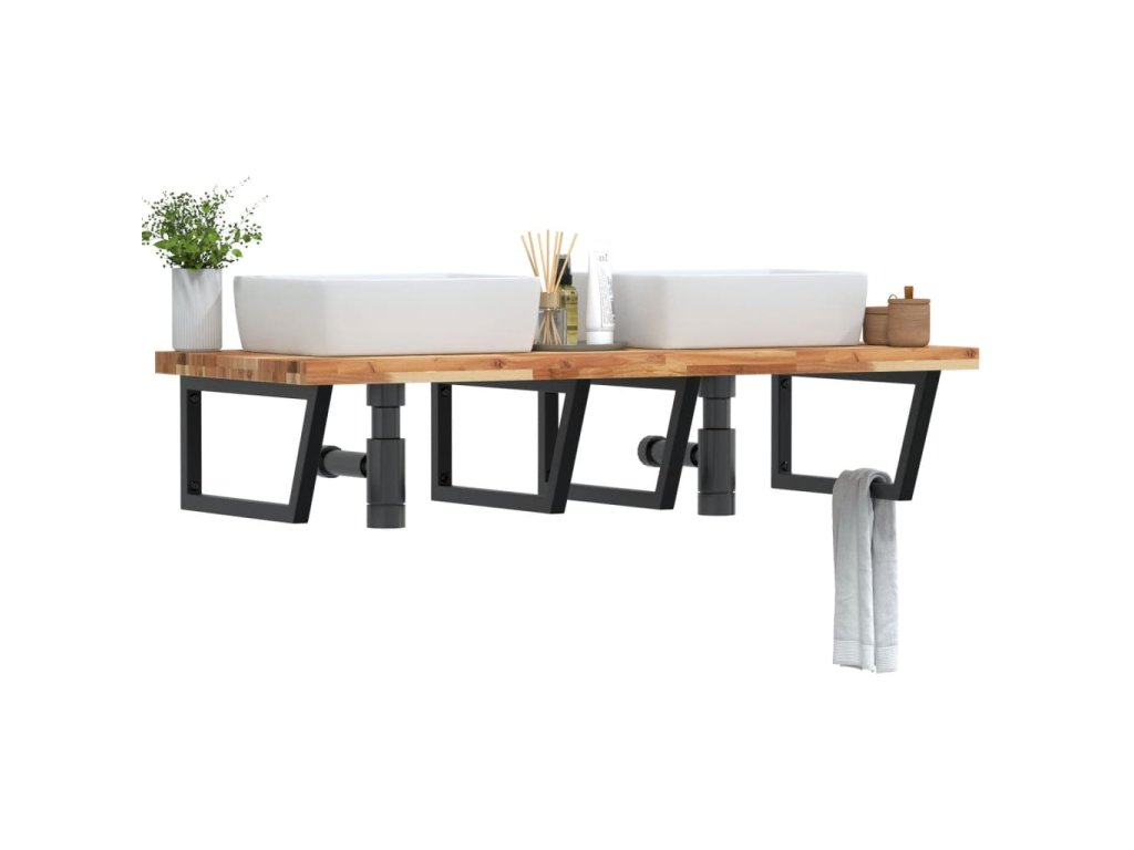 vidaXL Deska pod umyvadlo nástěnná ocel a masivní akáciové dřevo