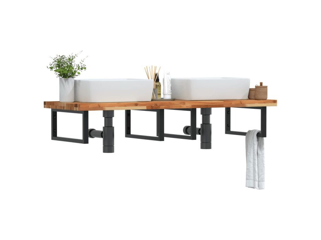 vidaXL Deska pod umyvadlo nástěnná ocel a masivní akáciové dřevo