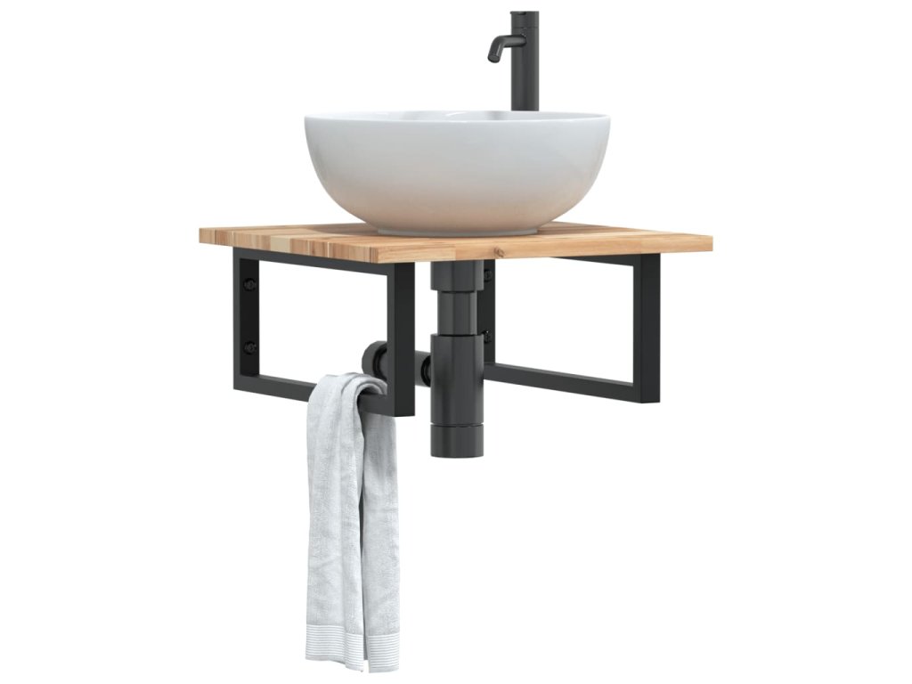 vidaXL Deska pod umyvadlo nástěnná ocel a masivní akáciové dřevo