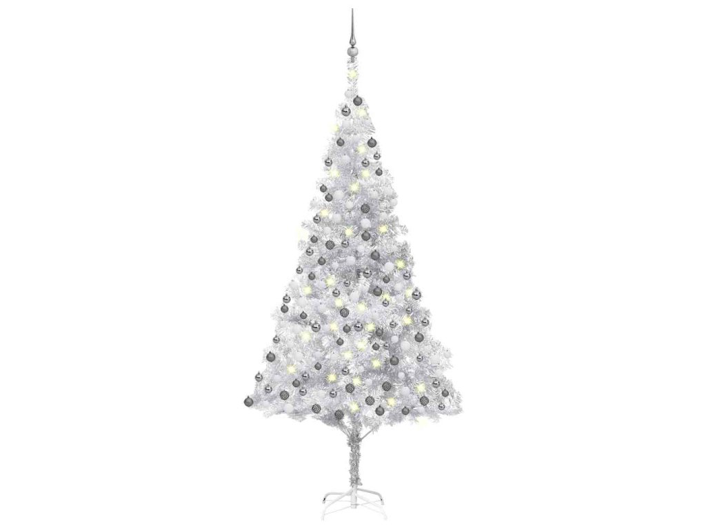 vidaXL Umělý vánoční stromek s LED a sadou koulí stříbrný 240 cm PET
