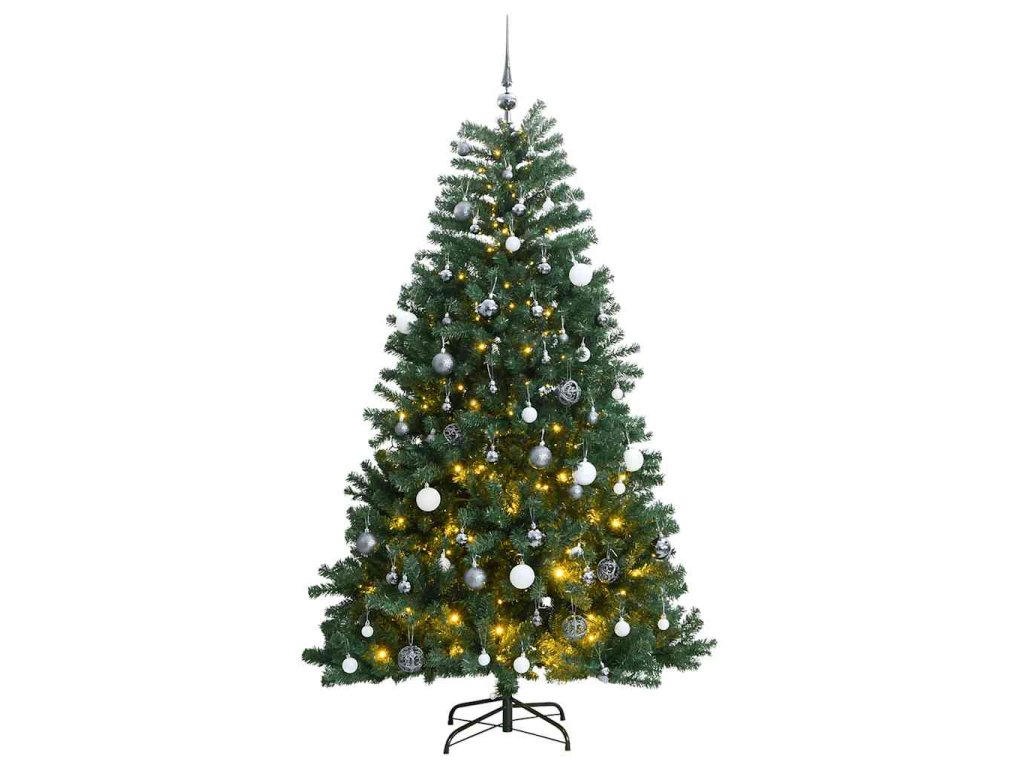 vidaXL Umělý sklápěcí vánoční stromek s 300 LED a koulemi 180 cm