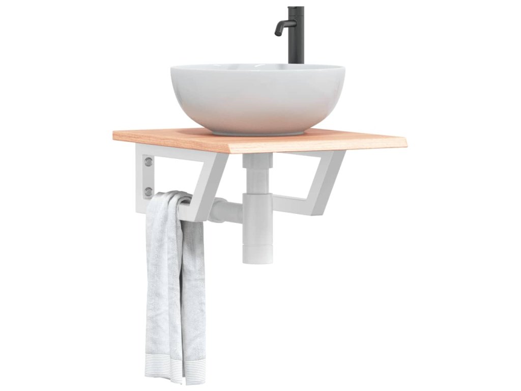 vidaXL Deska pod umyvadlo nástěnná ocel a masivní dubové dřevo