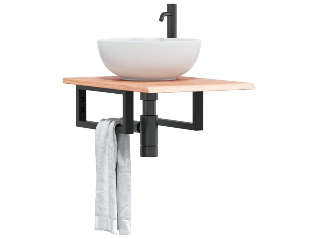 vidaXL Deska pod umyvadlo nástěnná ocel a masivní dubové dřevo