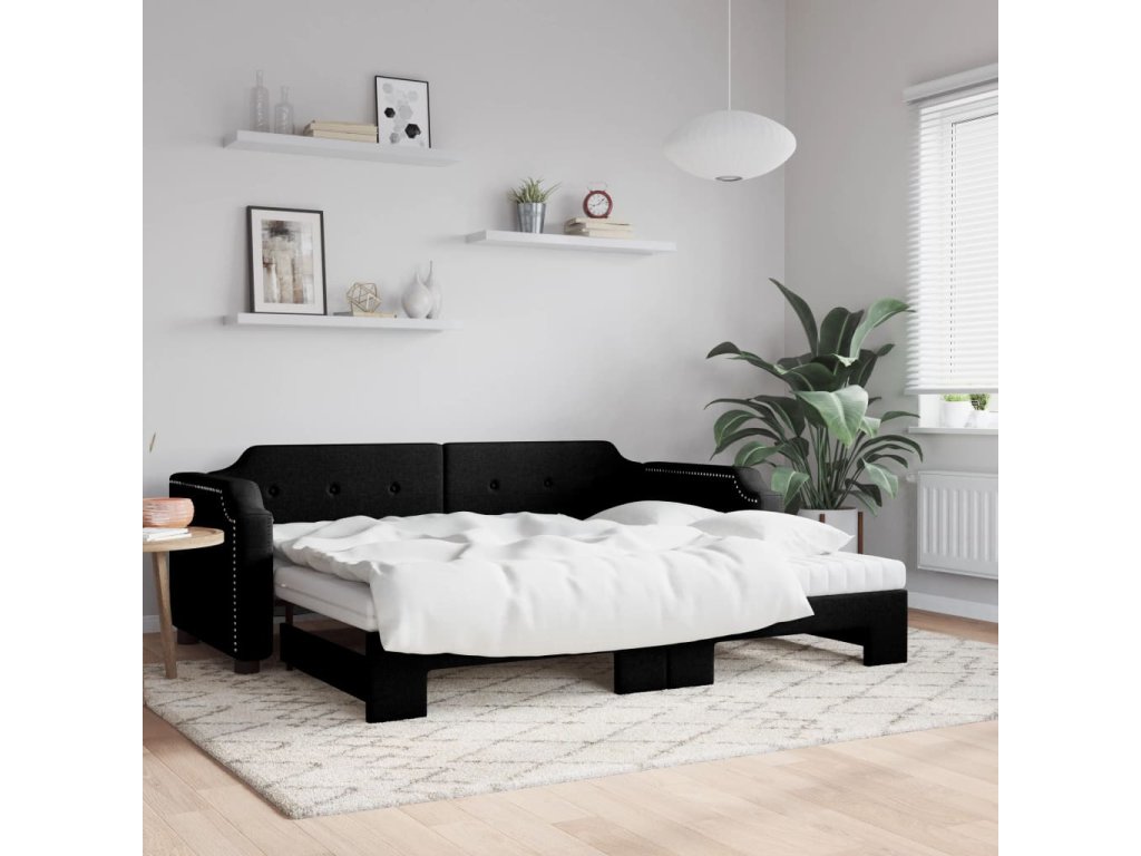 vidaXL Válenda s přistýlkou a matracemi černá 90 x 200 cm textil