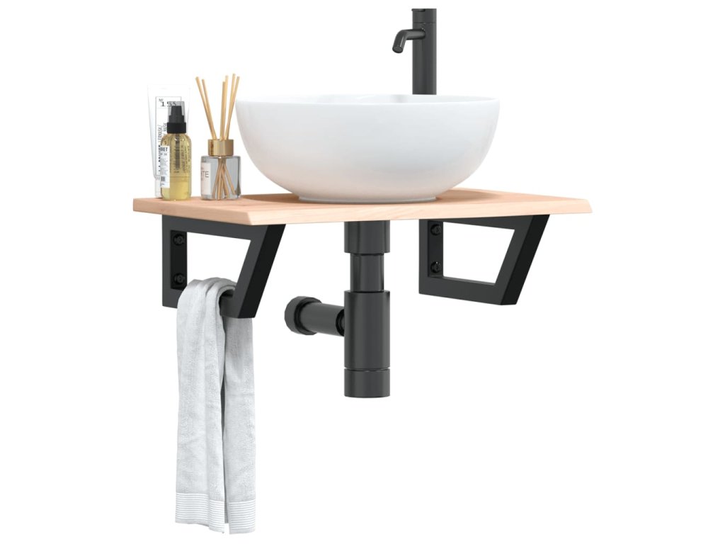 vidaXL Deska pod umyvadlo nástěnná ocel a masivní dubové dřevo