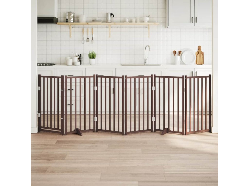 vidaXL Zábrana pro psy s dvířky skládací 6 panelů hnědý dub 300 cm