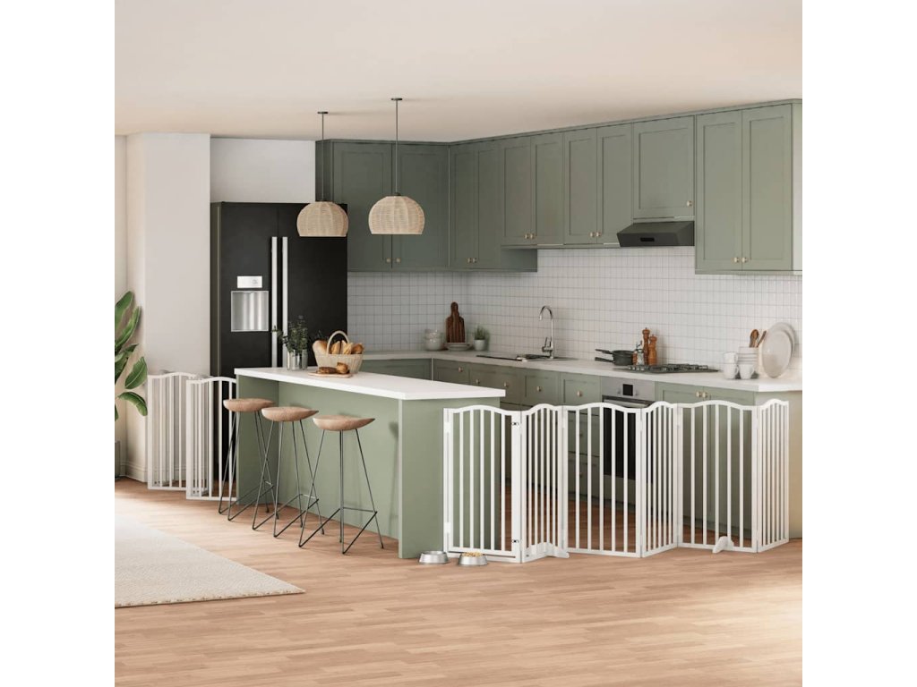 vidaXL Zábrana pro psy s dvířky skládací 15 panelů bílá 750 cm topol