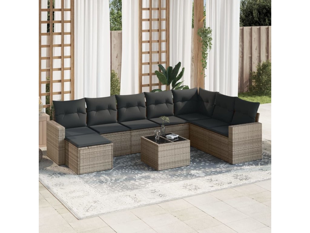 vidaXL 9dílná zahradní sedací souprava s poduškami šedá polyratan