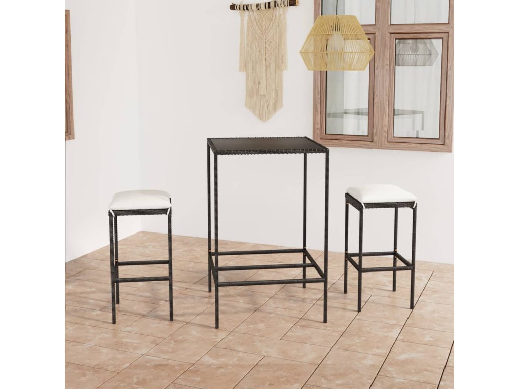 vidaXL 3dílný zahradní barový set s poduškami polyratan černý