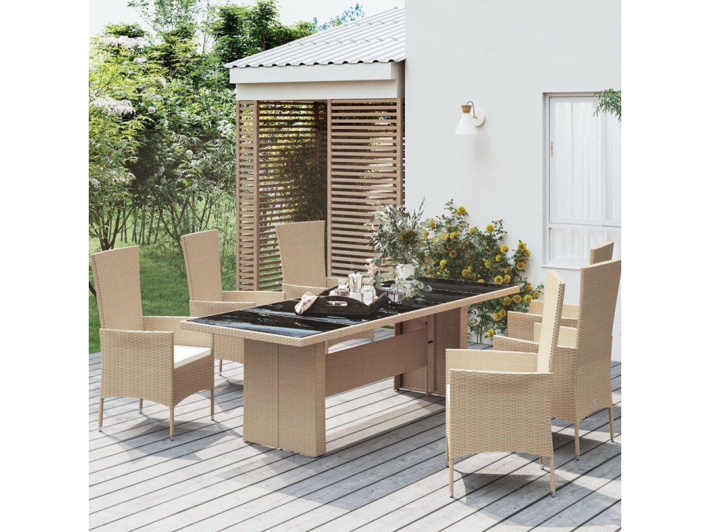 vidaXL Zahradní stůl se skleněnou deskou béžový polyratan a sklo