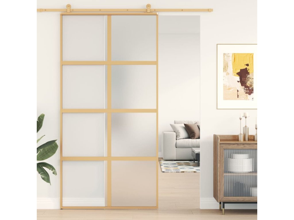 vidaXL Posuvné dveře zlaté 102,5 x 205 cm mléčné ESG sklo a hliník