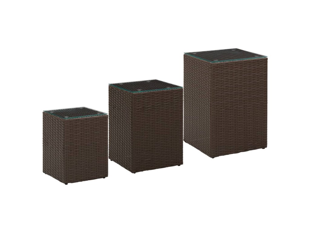 vidaXL Odkládací stolky 3 ks se skleněnou deskou hnědé polyratan