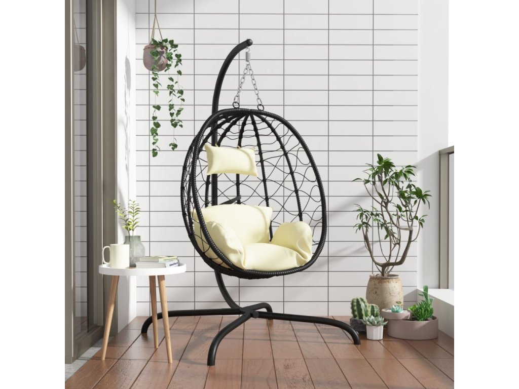 vidaXL Závěsné křeslo ve tvaru vejce s polštářem krémově bílé polyratan a ocel