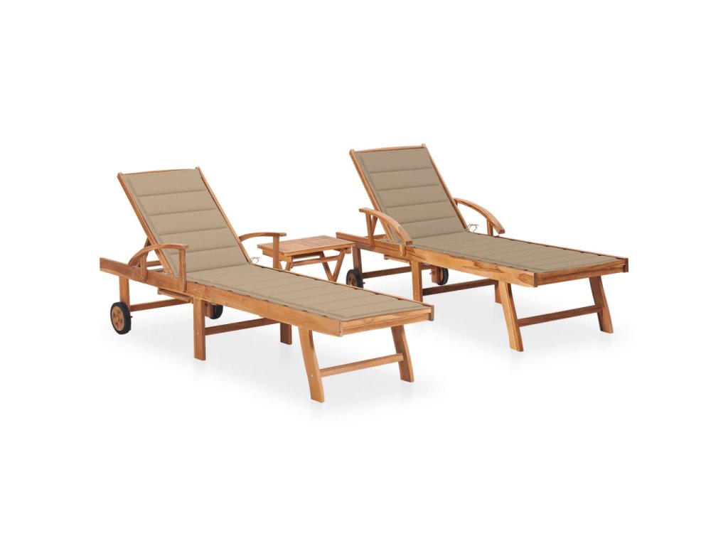 vidaXL Zahradní lehátka 2 ks se stolkem a poduškou masivní teak