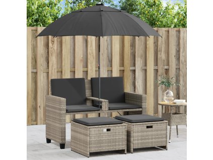 vidaXL Zahradní pohovka 2místná se slunečníkem a taburety světle šedá