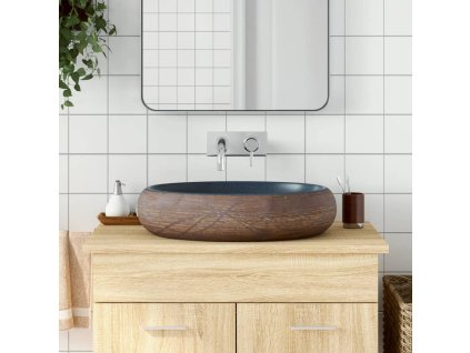 vidaXL Umyvadlo na desku hnědé a modré oválné 59 x 40 x 15 cm keramika
