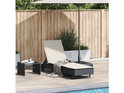 vidaXL Zahradní lehátko s kolečky a poduškou černé polyratan