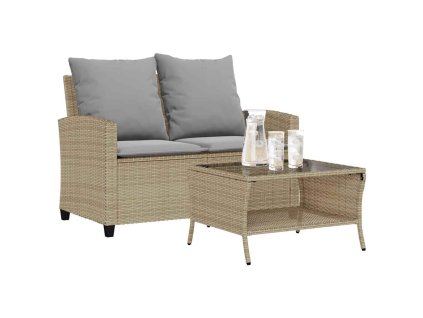 vidaXL Zahradní pohovka 2-sedák s polštáři&Stůl béžový polyratan