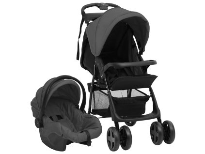 vidaXL Dětský kočárek 3 v 1 tmavě šedý a černý ocel