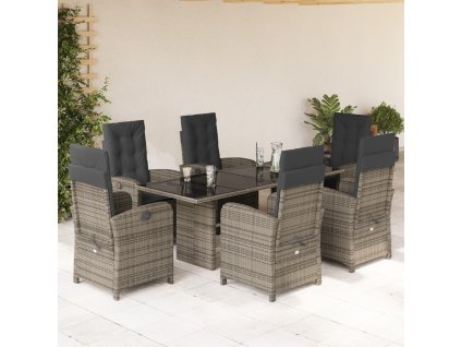 vidaXL 7dílný zahradní jídelní set s poduškami šedý polyratan