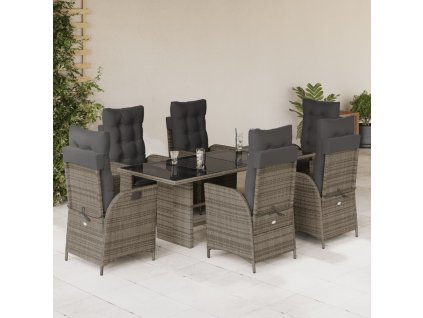 vidaXL 7dílný zahradní jídelní set s poduškami šedý polyratan