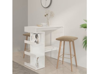 vidaXL Barový stůl s úložným regálem bílý vysoký lesk 100x50x101,5 cm