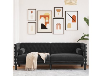 vidaXL Pohovka Chesterfield s podhlavníky 3místná černá samet