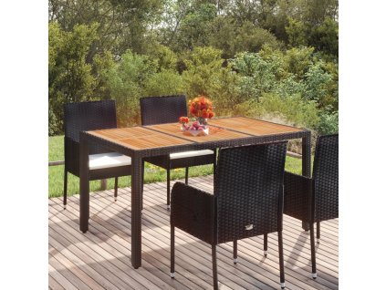 vidaXL Zahradní stůl s dřevěnou deskou černý 150x90x75 cm polyratan
