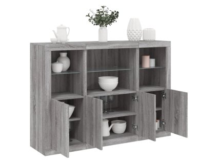 vidaXL Příborníky s LED osvětlením 3 ks šedé sonoma kompozitní dřevo