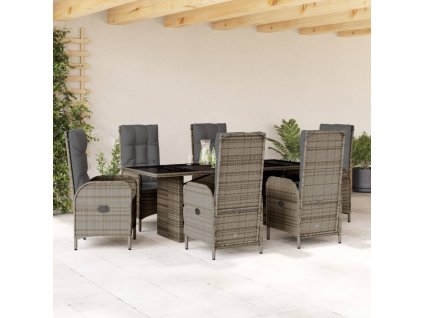 vidaXL 7dílný zahradní jídelní set s poduškami šedý polyratan