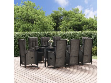 vidaXL 9dílný zahradní jídelní set s poduškami černý polyratan