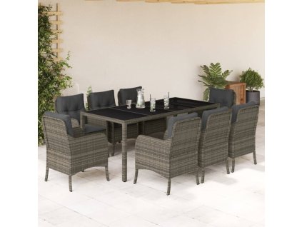 vidaXL 9dílný zahradní jídelní set s poduškami šedý polyratan
