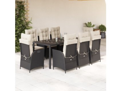 vidaXL 9dílný zahradní jídelní set s poduškami černý polyratan
