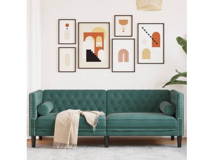 vidaXL Pohovka Chesterfield s podhlavníky 3místná tmavě zelená samet