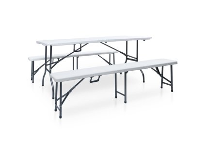 vidaXL Skládací zahradní stůl se 2 lavicemi 180 cm ocel a HDPE bílý