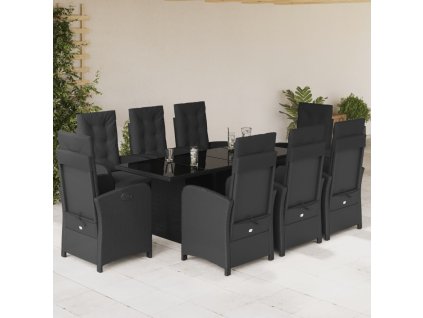 vidaXL 9dílný zahradní jídelní set s poduškami černý polyratan