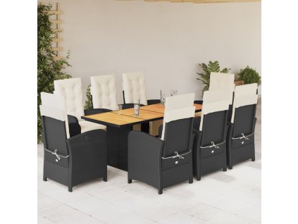 vidaXL 9dílný zahradní jídelní set s poduškami černý polyratan