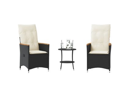 vidaXL 3dílný bistro set s poduškami černý polyratan