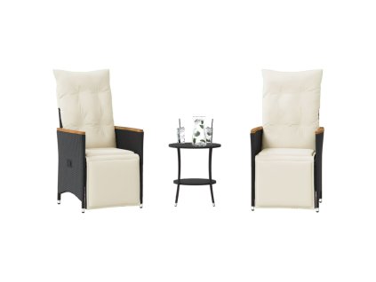 vidaXL 3dílný bistro set s poduškami černý polyratan