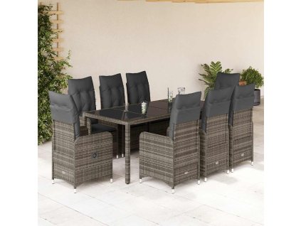 vidaXL 9dílný zahradní bistro set s poduškami šedý polyratan