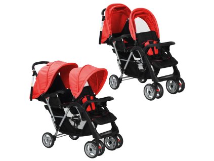vidaXL Tandemový kočárek ocel červeno-černý