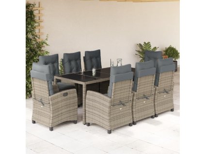 vidaXL 9dílný zahradní jídelní set s poduškami šedý polyratan