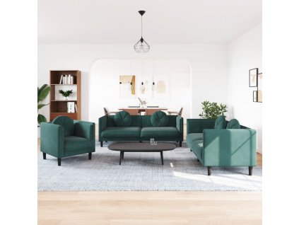 vidaXL 3dílná sedací souprava s polštáři tmavě zelená samet