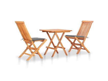 vidaXL 3dílný bistro set se šedými poduškami masivní teakové dřevo
